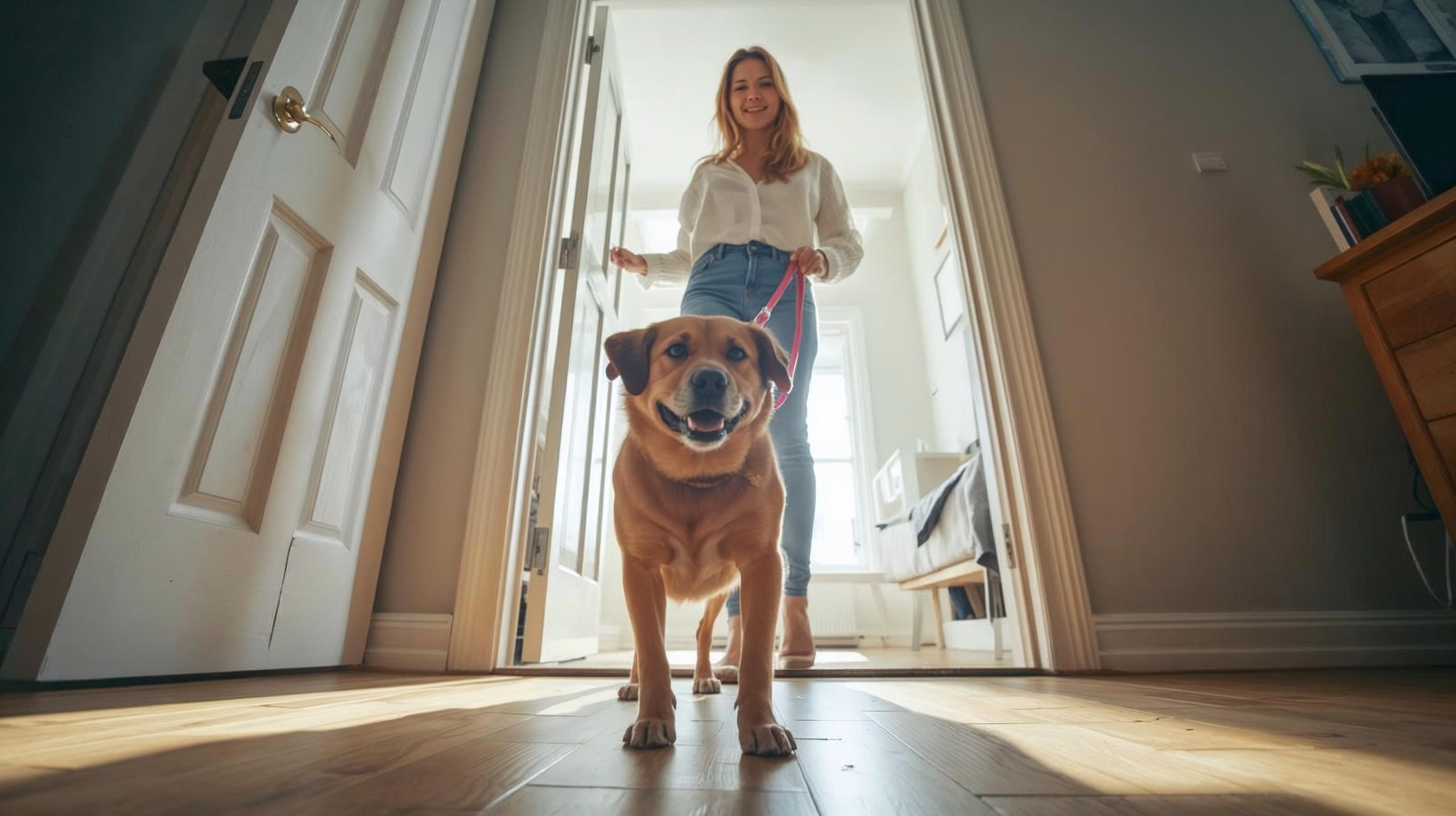 Photo Of A Young Adult Girls Walking Into Her Apartment With A Dog Scaled